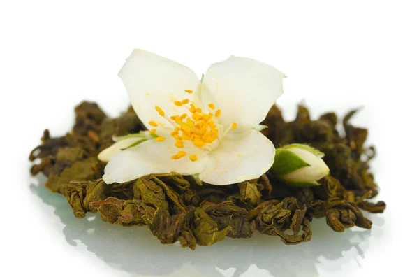 stock image Beautiful jasmine flower and dry green tea isolated on white