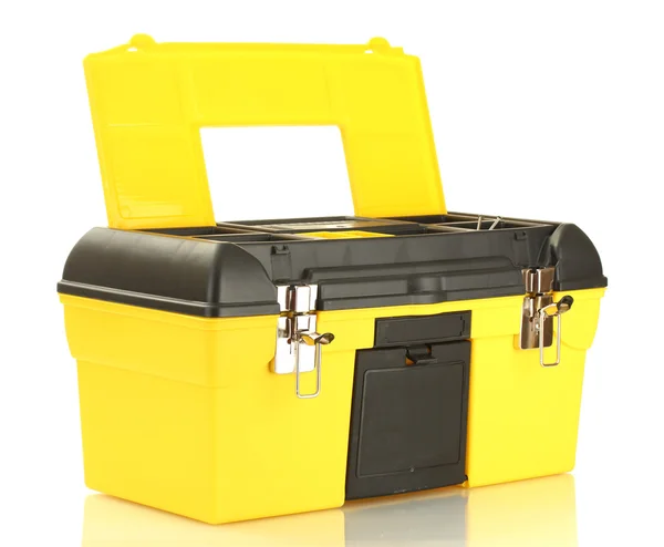 Caixa de ferramentas amarelo aberto isolado em close-up branco — Fotografia de Stock