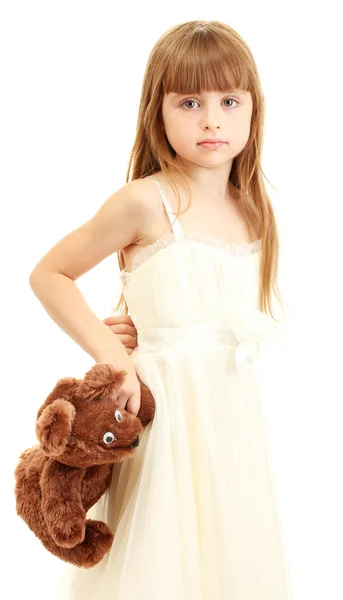 Porträtt av vacker söt flicka med leksak Björn isolerad på vit — Stockfoto