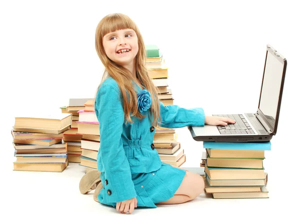 Meisje met laptop en boeken geïsoleerd op wit — Stockfoto