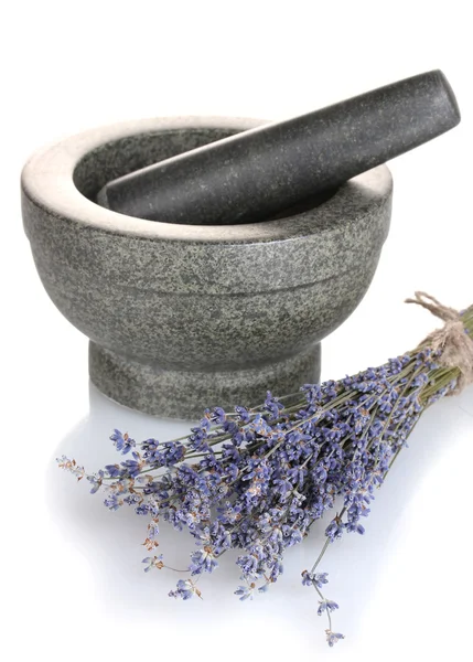 Lavender flowers with mortar isolated on white — Stock Photo, Image