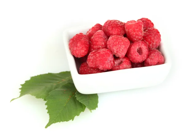 Fresh raspberries in white bowl isolated on white — Stock Photo, Image