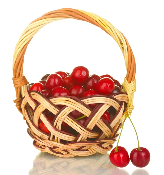 Cherry in basket isolated on white — Stock Photo, Image