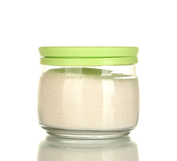 Jar with white crystal sugar isolated on white — Stock Photo, Image