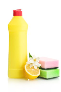 Dishwashing liquid with sponges and lemon with flowers isolated on white clipart