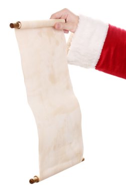 Santa Claus hand holding list on white clipart