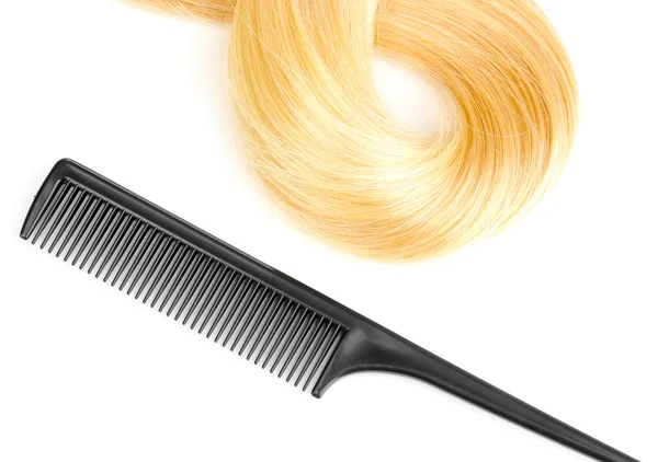 Parlak sarı saçlı beyaz izole saç tarağı ile — Stok fotoğraf