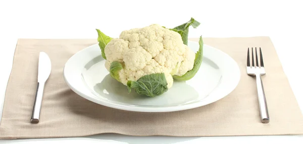 Fresh cauliflower on plate, knife and fork isolated on white — Stock Photo, Image