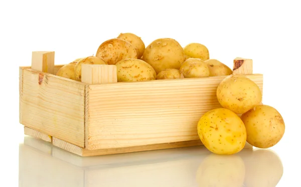 Batatas jovens em uma caixa de madeira isolada em close-up branco — Fotografia de Stock
