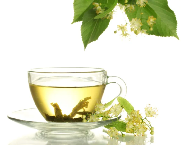 Чашка липового чаю та квітів ізольовані на білому — стокове фото