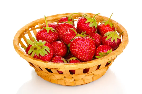 Sweet ripe strawberries in basket isolated on white — Stock Photo, Image