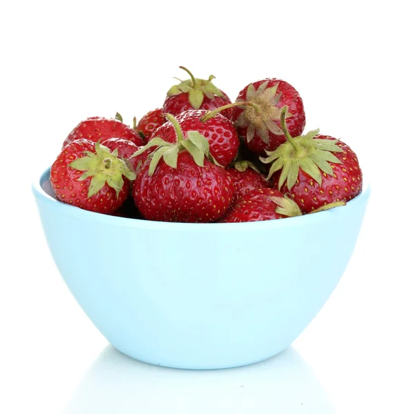 Sweet ripe strawberries in glass bowl isolated on white — Stock Photo, Image