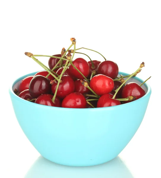 Körsbär i en blå skål isolerad på vit — Stockfoto