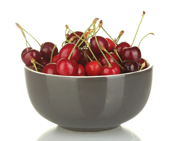 Sweet cherry i grå skål isolerad på vit — Stockfoto