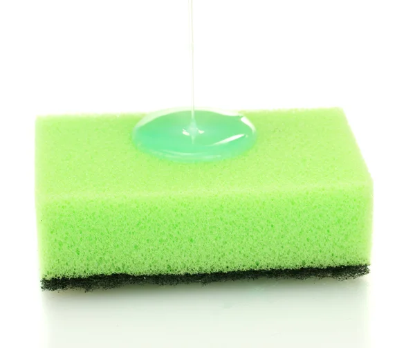 Bright sponge with dish washing liquid isolated on white — Stock Photo, Image
