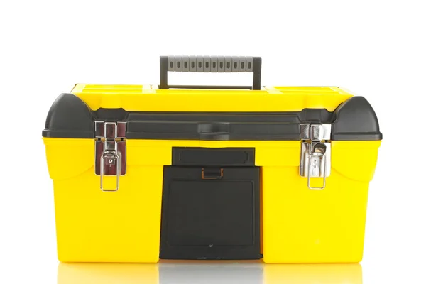 Желтый ящик с инструментом, изолированный на белом крупном плане — стоковое фото