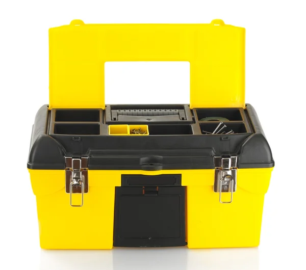 Caja de herramientas de color amarillo abierto aislado en primer plano blanco — Foto de Stock