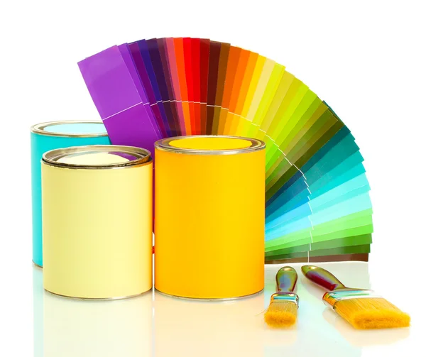 Puszki z farby, pędzle i jasne paletę kolorów na białym tle — Zdjęcie stockowe