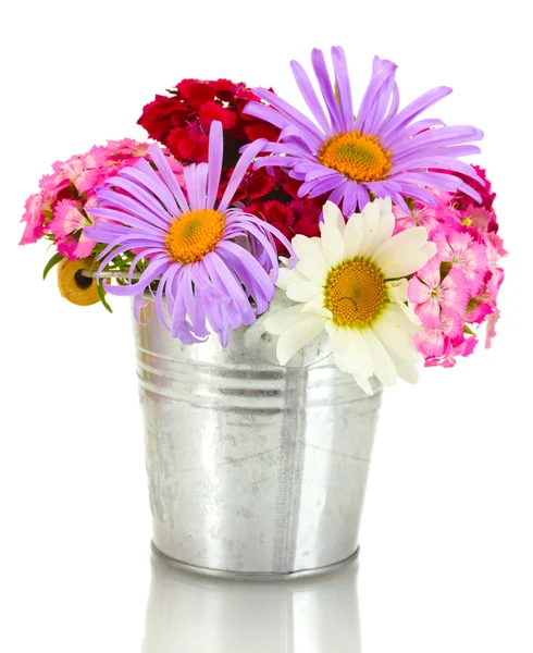 stock image Beautiful bouquet of bright wildflowers in bucket, isolated on white