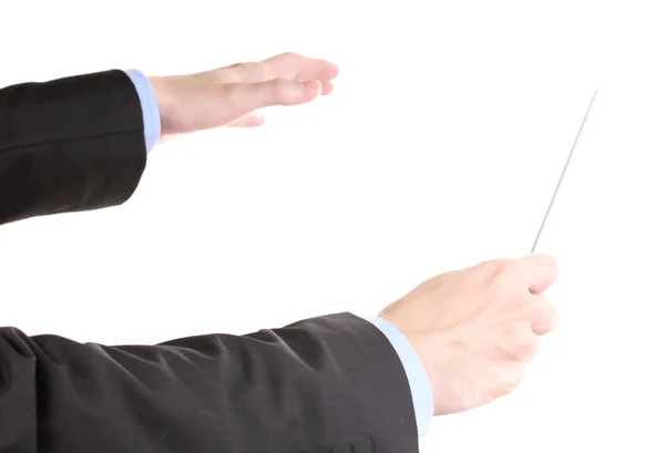 Muziek dirigent handen met stokje geïsoleerd op wit — Stockfoto