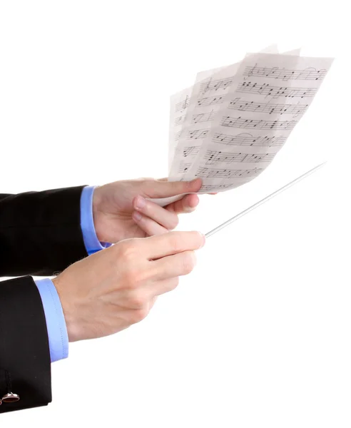 Dirigentenhände mit Taktstock und Noten isoliert auf weiß — Stockfoto