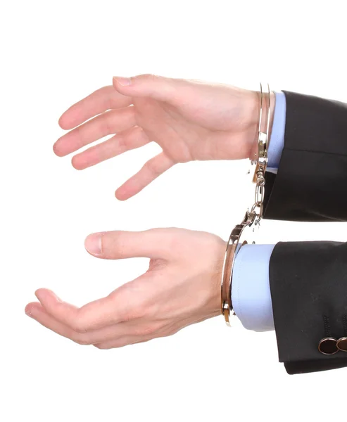 Geschäftsmann Hände gefesselt mit Handschellen isoliert auf weiß — Stockfoto