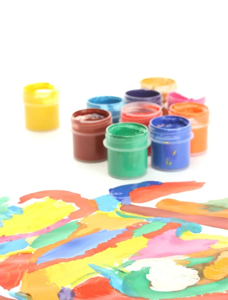 Jars with colorful gouache with a bright picture close-up — Stock Photo, Image