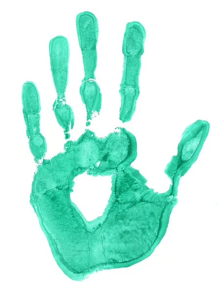 Ярко-зеленый отпечаток руки на белом фоне крупным планом — стоковое фото