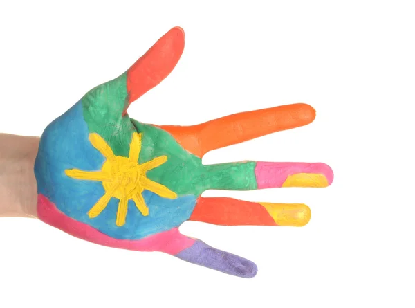 Brightly colored hand on white background close-up — Stock Photo, Image