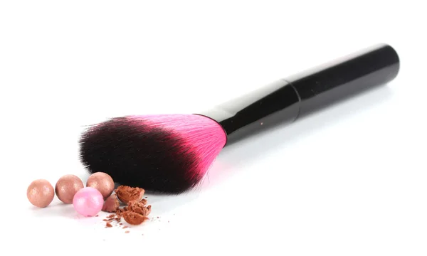 Borste för make-up med pulver bollar isolerad på vit — Stockfoto