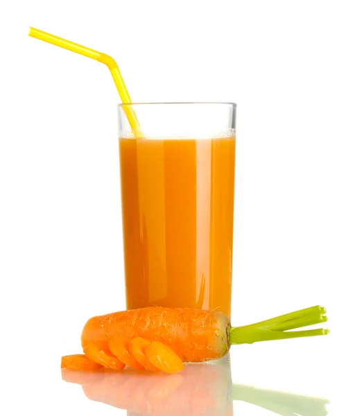 Glass of carrot juice and fresh carrot isolated on white — Stock Photo, Image