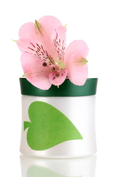Beyaz izole çiçek ile krem kavanoz — Stok fotoğraf