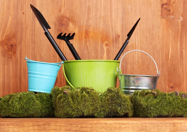 Musgo verde y cubo con herramientas de jardinería sobre fondo de madera —  Fotos de Stock