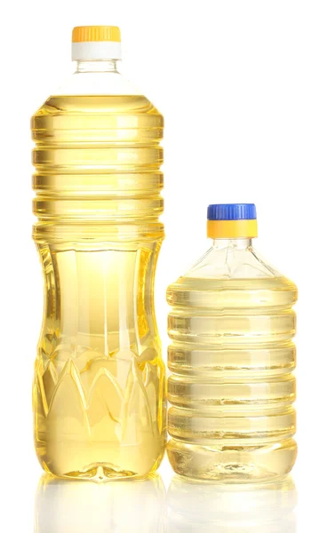 Slunečnicový olej v plastových lahvích izolovaných na bílém pozadí — Stock fotografie