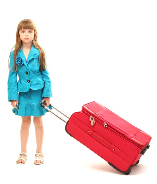 Portrait of little girl with travel case isolated on white — Stock Photo, Image