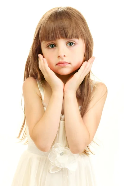Porträtt av söt liten flicka isolerad på vit — Stockfoto