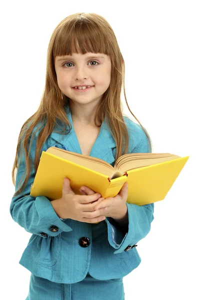 Bonito menina ler um livro isolado no branco — Fotografia de Stock