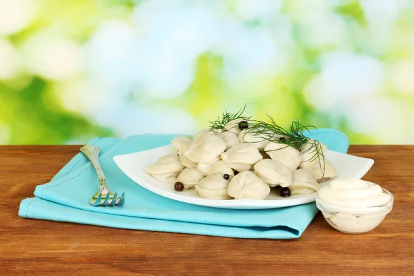 Delicious cooked dumplings in the dish on bright green background — Stock Photo, Image