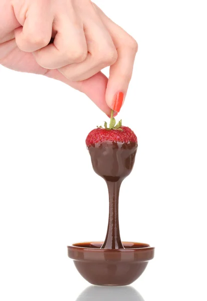 Fragola a mano in cioccolato isolata su bianco — Foto Stock