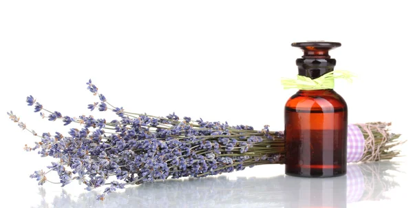 Lavender flowers and glass bottle isolated on white — Stok fotoğraf