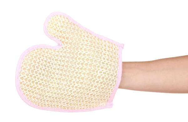 Sponges for bathing on hand isolated on white — Stock Photo, Image