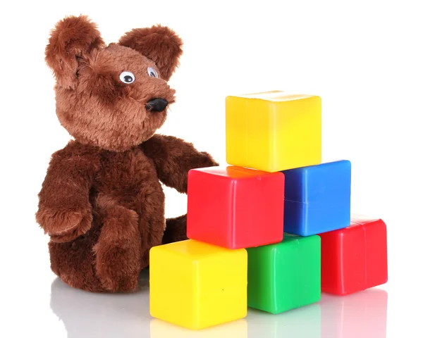 坐在熊玩具和颜色白色上孤立的多维数据集 — 图库照片