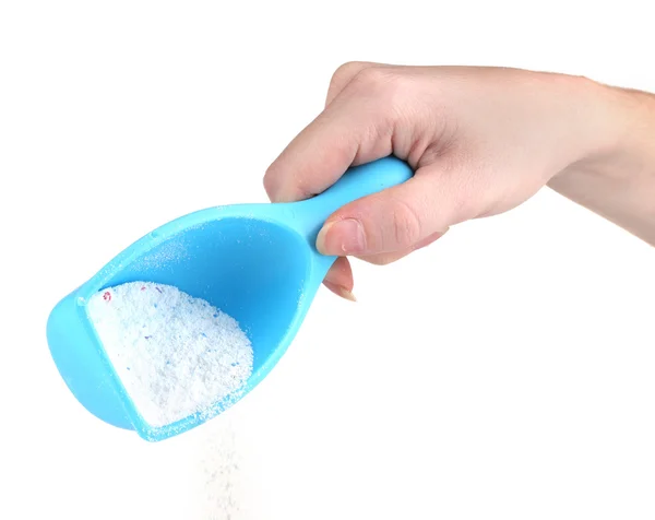 Blue container with Washing powder in hand,isolated on white — Stock Photo, Image