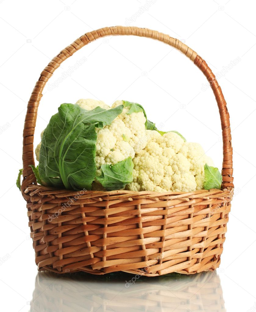 Fresh cauliflowers in basket, isolated on white