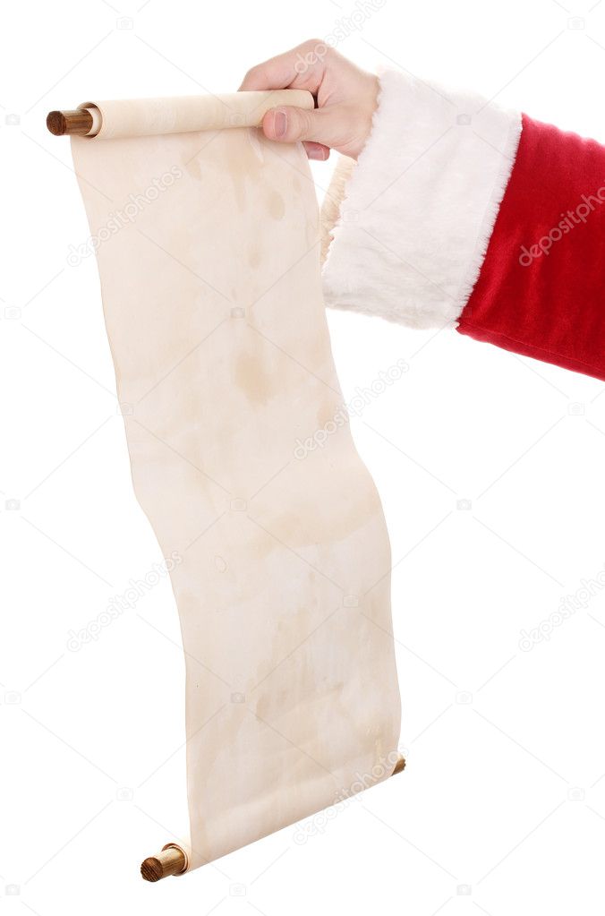 Santa Claus hand holding list on white