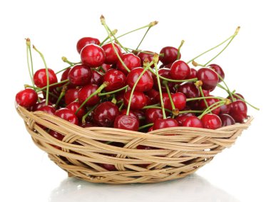 Ripe cherry berries in basket isolated on white clipart