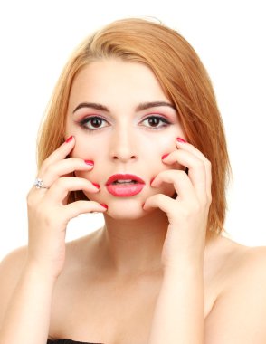 Portrait of sexy young woman with glamour make up and red manicure clipart