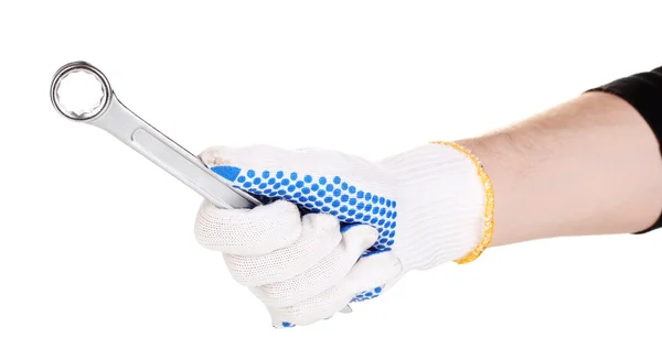 Chiave in mano con guanto di protezione isolato su bianco — Foto Stock