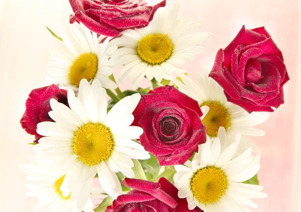 Kytice růže a sedmikrásky na bílém pozadí detail — Stock fotografie
