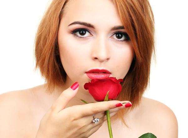 Πορτρέτο της σέξι νεαρή γυναίκα με κόκκινο τριαντάφυλλο — Φωτογραφία Αρχείου